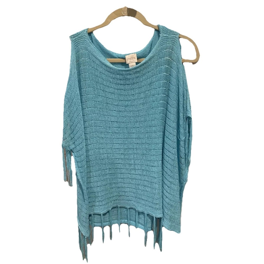 Chico's Fringed Aqua Blue Pullover Top Peek A Boo Sleeves Size 0 Small